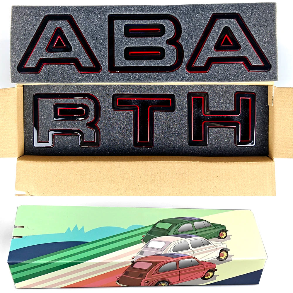 Abarth Letters for front Grillle for Abarth 500 and 595, here the photo shows the Product in the box and the packaging - M-Pure Dynamicsin