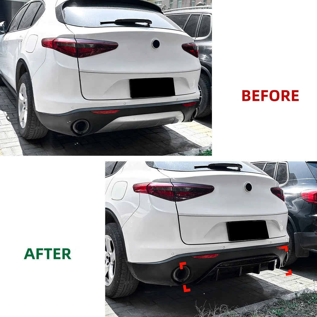 Before and after comparison of a white car's rear bumper with added protective cover.