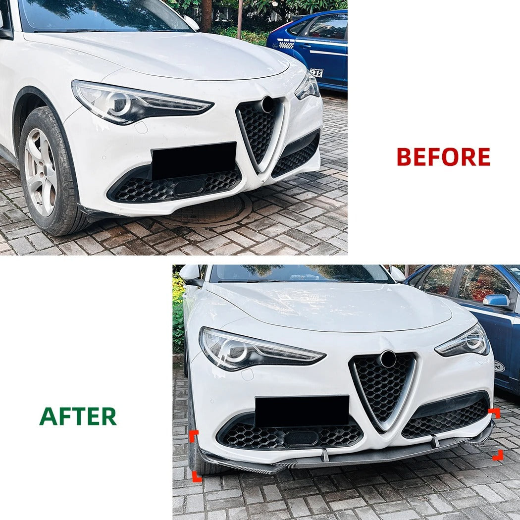 Before and after comparison of a white car's front bumper on a brick road.