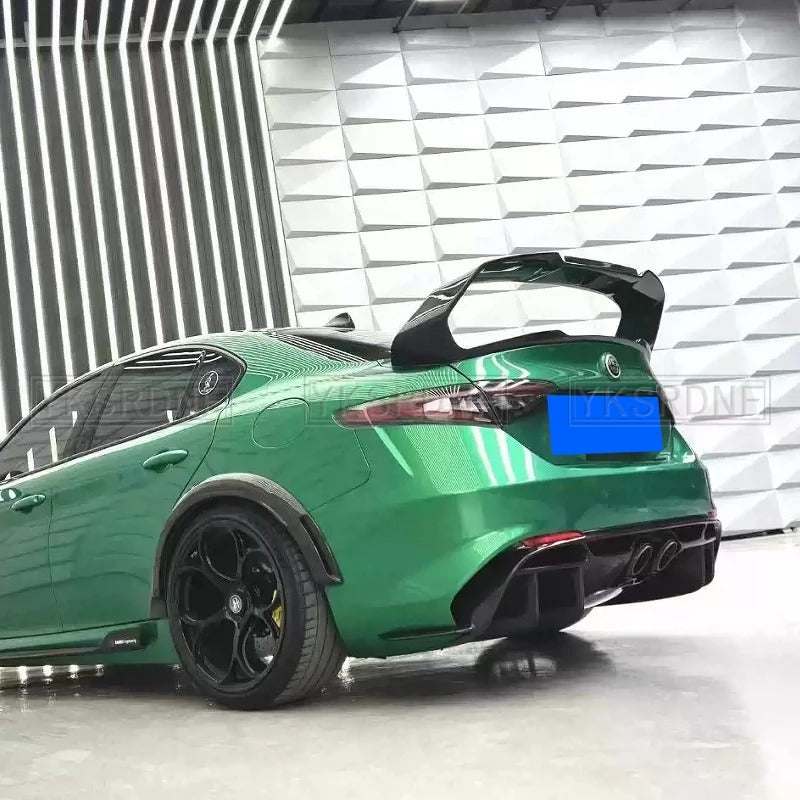 Green sports car with a blue license plate in a modern indoor setting