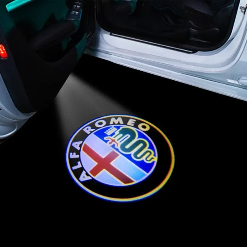 2 pz LED door projector for Alfa Romeo Giulietta, the photo shows one of the styles of the door projectors - M-Pure Dynamics