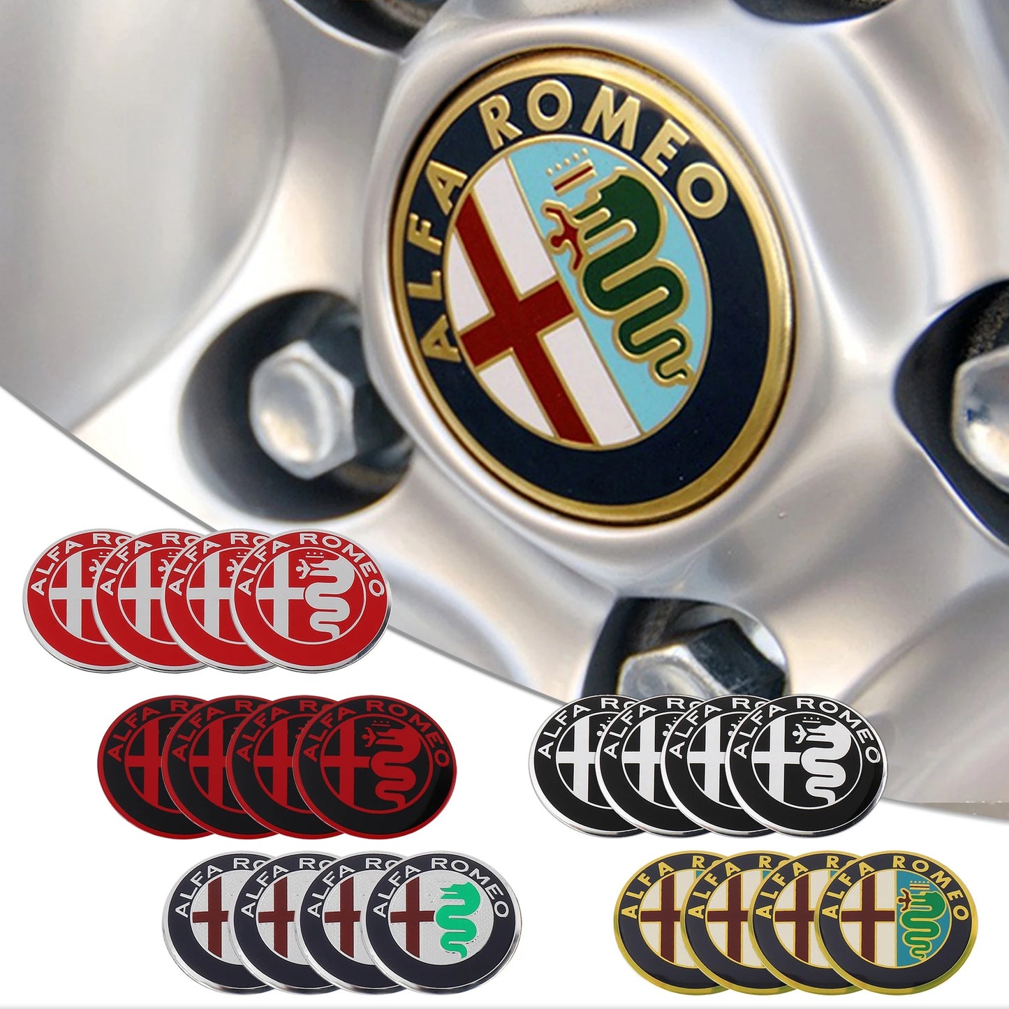 Wheel Caps for Alfa Romeo Giulietta 147 Giulia Spider GT MiTo Stelvio 159 TZ3, the image shows the Red&White, Red&Black, Black&White, Gold Style and the Regular one
