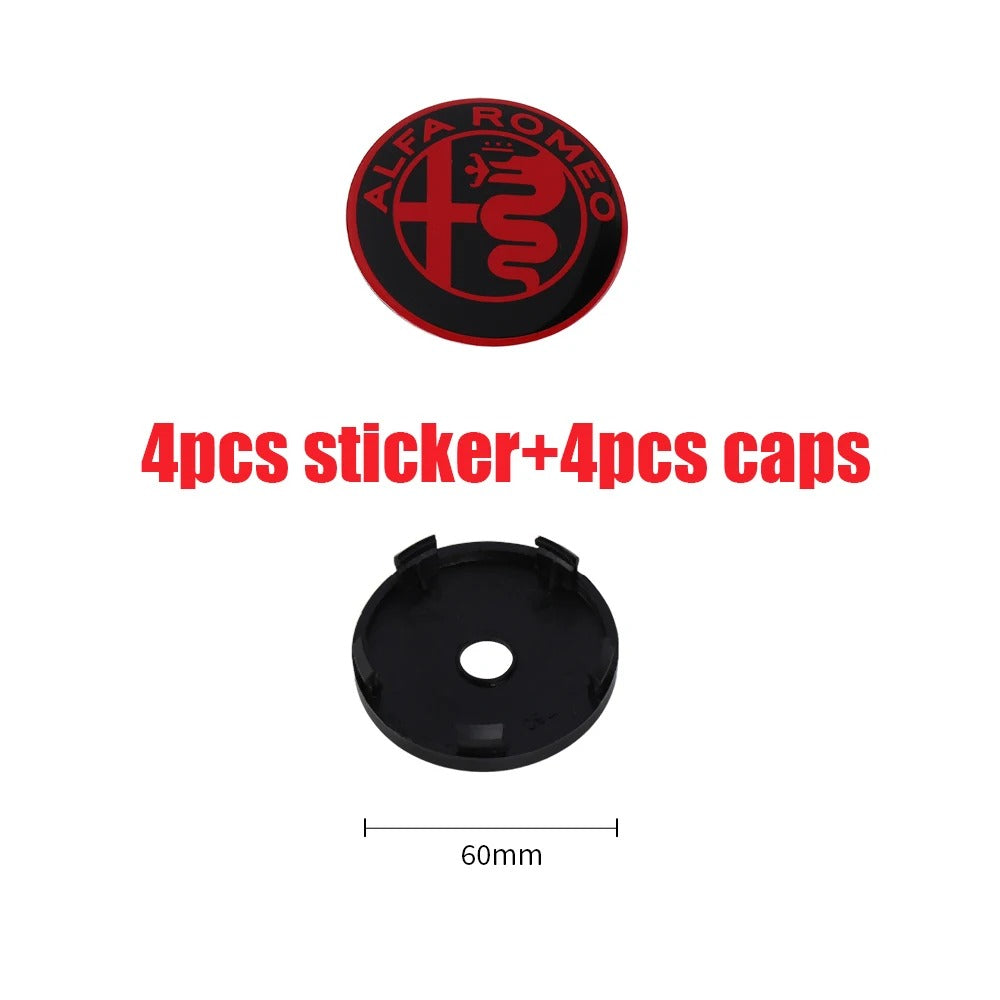 Wheel Caps for Alfa Romeo Giulietta 147 Giulia Spider GT MiTo Stelvio 159 TZ3, here it shows the Black&Red Variant and also the dimensions wich are 60mm - M-Pure Dynamics.
