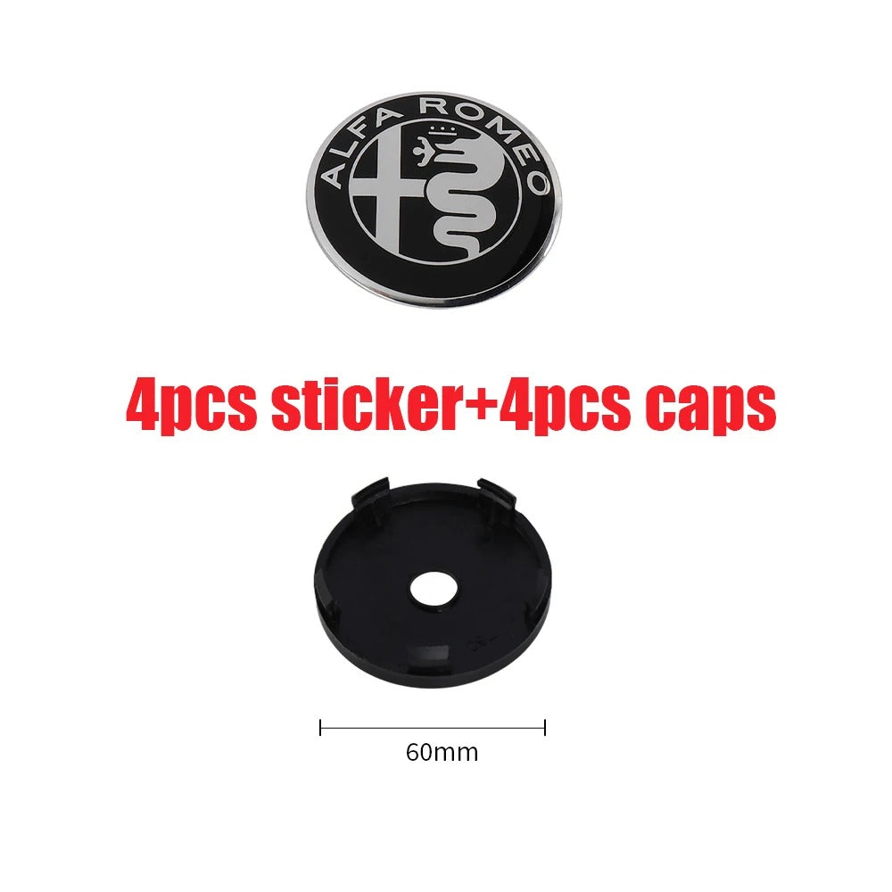 Wheel Caps for Alfa Romeo Giulietta 147 Giulia Spider GT MiTo Stelvio 159 TZ3, here it shows the Black&White variant and also the dimensions wich are 60mm - M-Pure Dynamics.