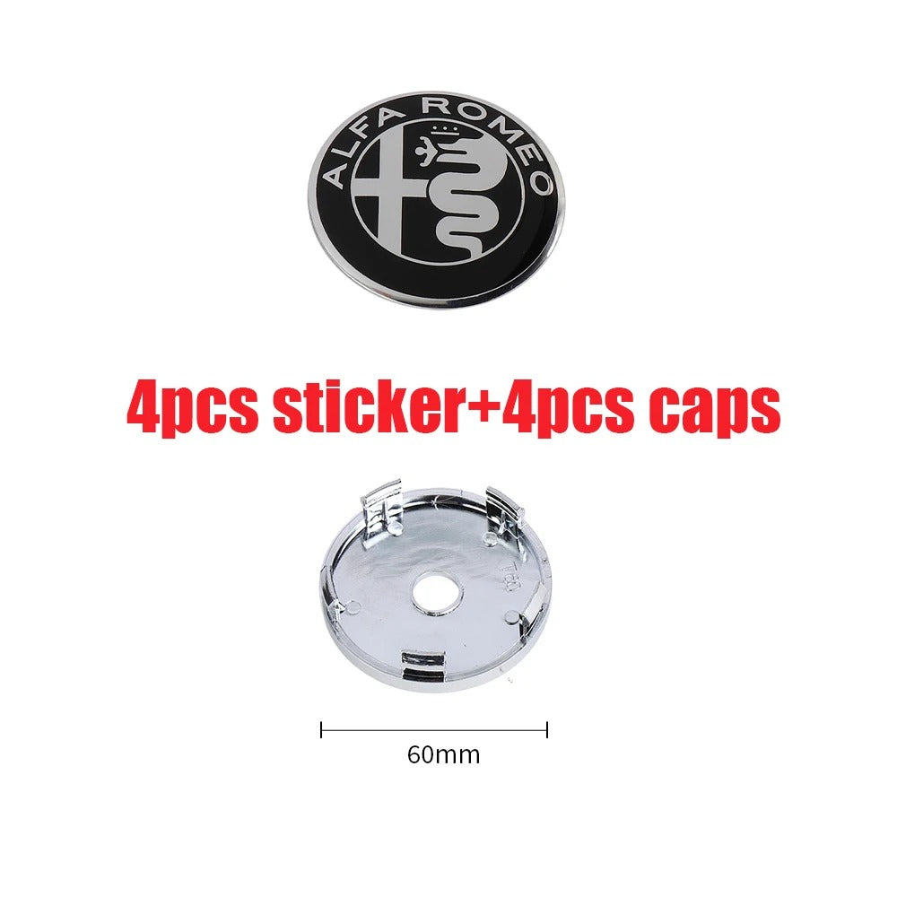 Wheel Caps for Alfa Romeo Giulietta 147 Giulia Spider GT MiTo Stelvio 159 TZ3, here it shows the Black&Silver Variant with also the dimensions wich are 60mm - M-Pure Dynamics
