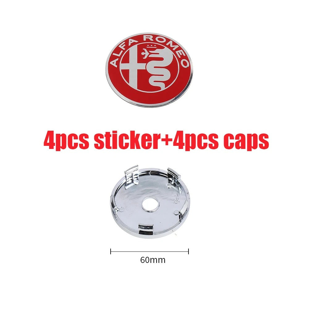 Wheel Caps for Alfa Romeo Giulietta 147 Giulia Spider GT MiTo Stelvio 159 TZ3, Here it shows the White&Red style with the silver caps, and also the dimensions wich are 60mm - M-Pure Dynamics