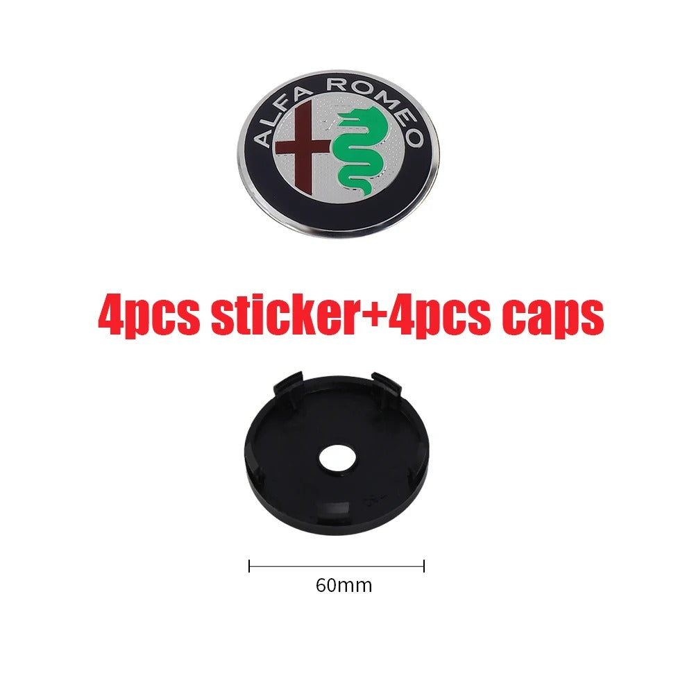 Wheel Caps for Alfa Romeo Giulietta 147 Giulia Spider GT MiTo Stelvio 159 TZ3, here it shows the classic Alfa Romeo Styke with the black caps, and also the dimensions wich are 60mm - M-Pure Dynamics