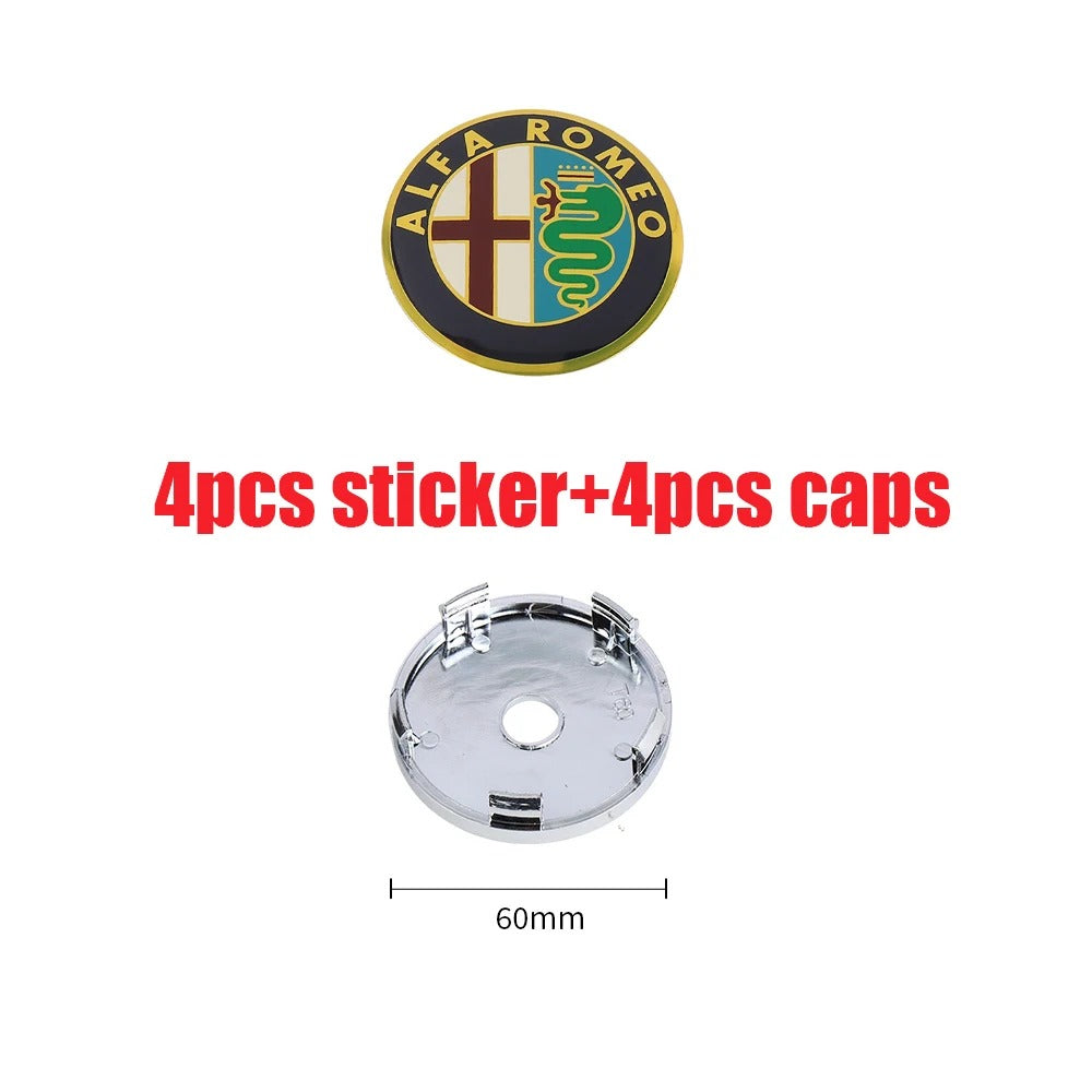 Wheel Caps for Alfa Romeo Giulietta 147 Giulia Spider GT MiTo Stelvio 159 TZ3, here it shows the Alfa Romeo Gold Style with the Silver Cups, and also the dimensions wich are 60mm - M-Pure Dynamics