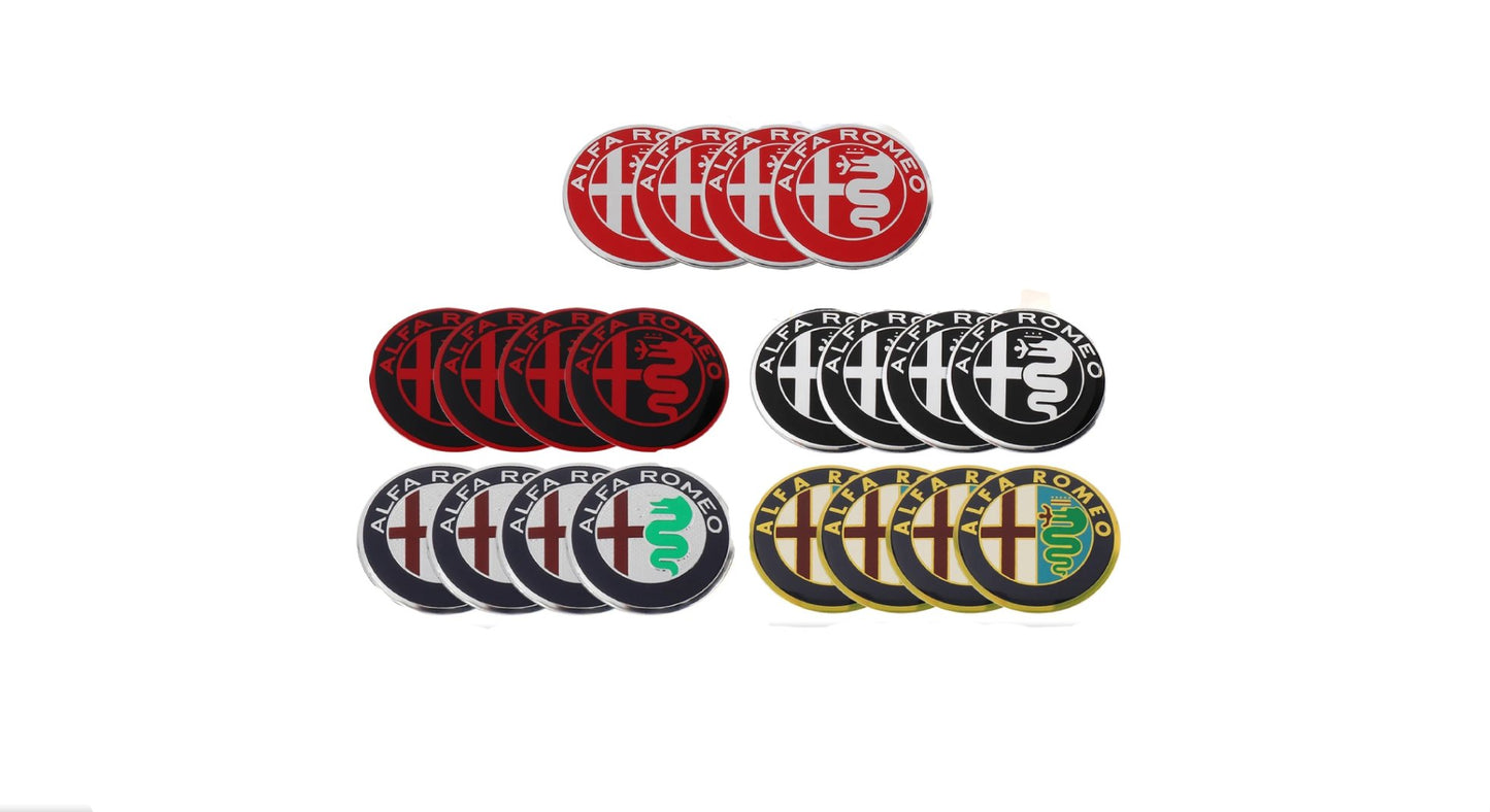 Set of Alfa Romeo car emblems in various colors on a white background