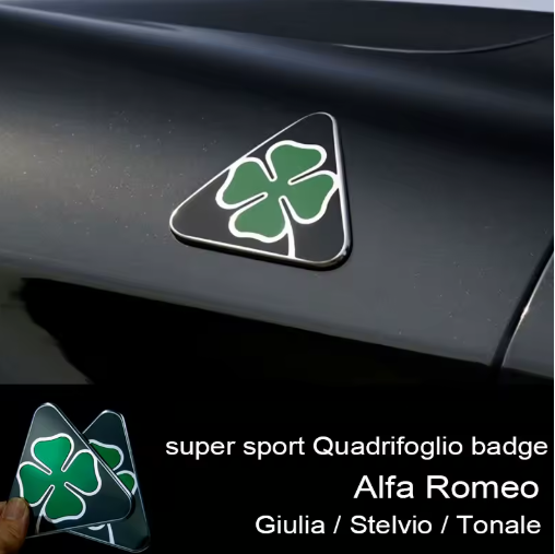 Badge Super Sport Quadrifoglio for Alfa Romeo Giulia Stelvio, here the photo shows the badges up close mounted on the car - M-Pure Dynamics