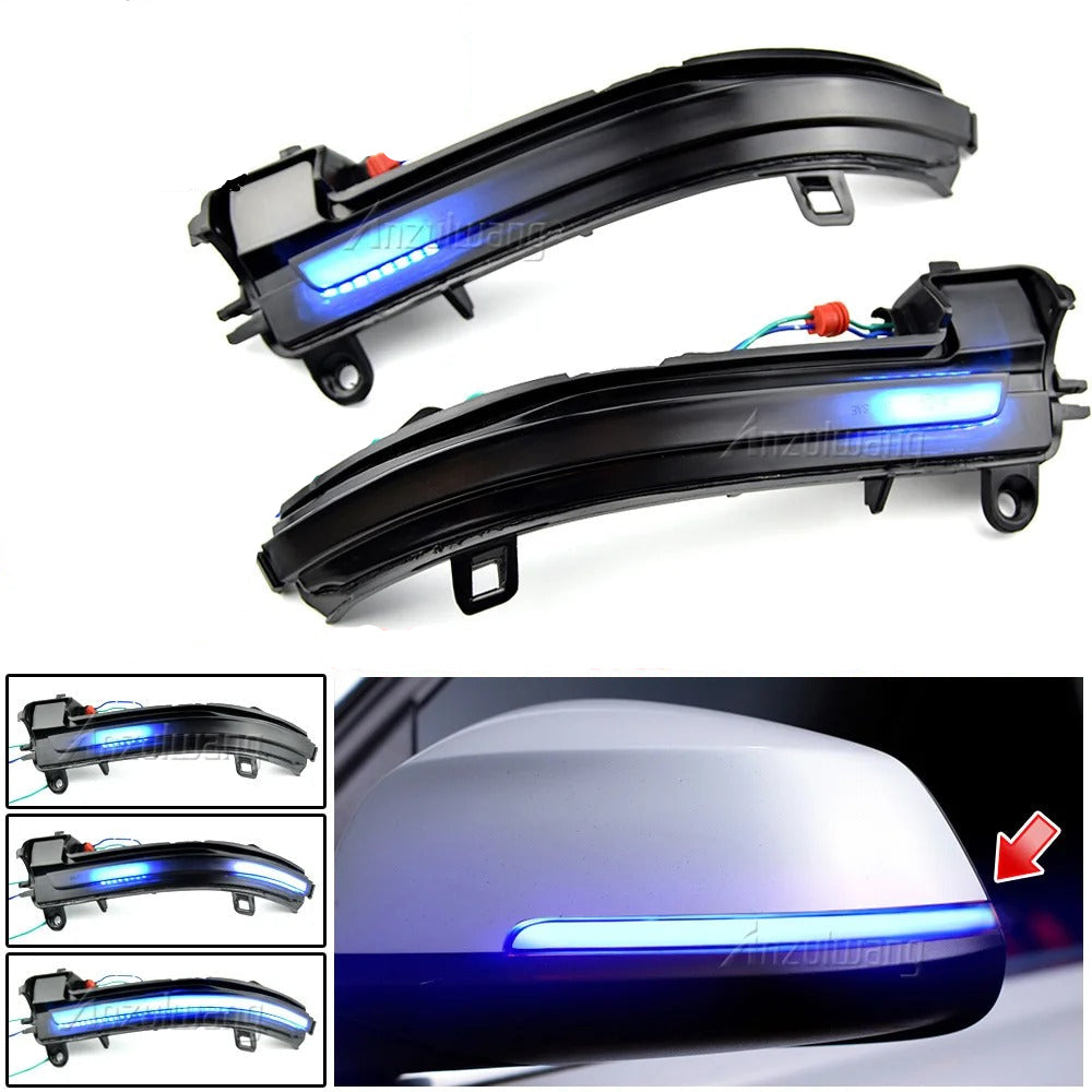 Blue Dynamic Led Side Mirror Turn Signal Lights Indicator, the phpt shows the compatiblity and also the light in function - M-Pure Dynamics