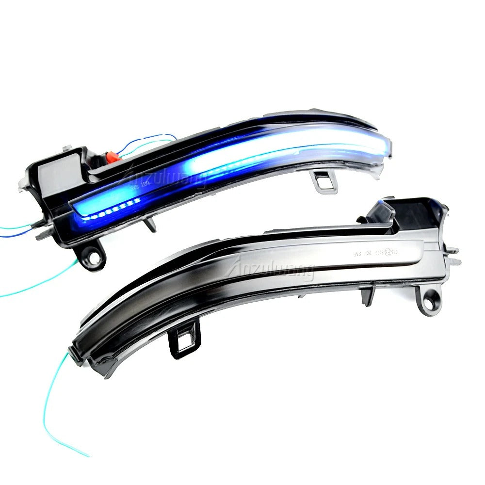 Blue Dynamic Led Side Mirror Turn Signal Lights Indicator, the phpt shows the compatiblity and also the light in function - M-Pure Dynamics