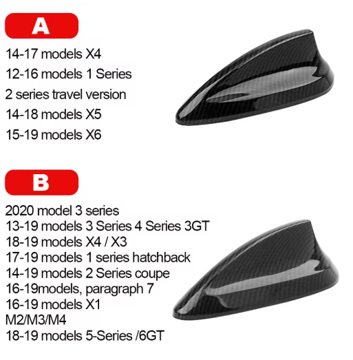 BMW Shark Fin Antenna for MW M2 M3 M4 123457 Serie X1 X3 F22 F30 F34 F80 F87 F32 F36 F82 G11 G20 G12 G30, the photo shows the different antennas for every product - M-Pure Dynamics