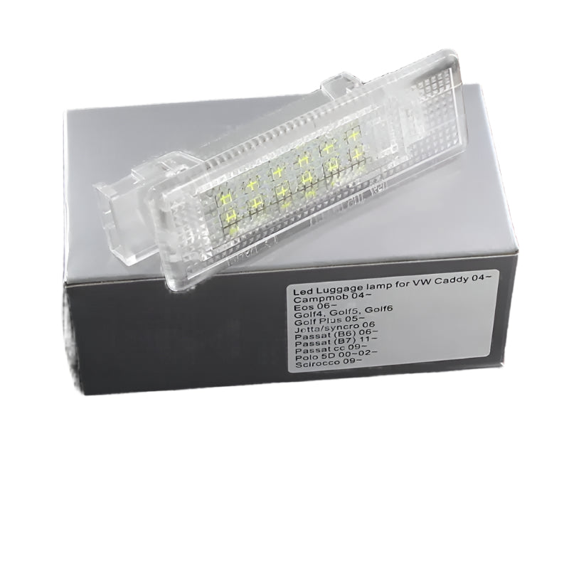 Car LED license plate light in packaging with model compatibility list on a black background