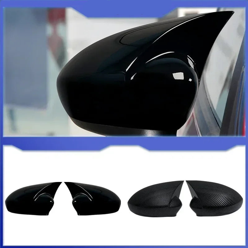 Sport Cover Caps for Punto and 500, this photo shows the mirror cover caps in full display with the glossy black option in the bottom and the carbon look right to the glossy black one - M-Pure Dynamics