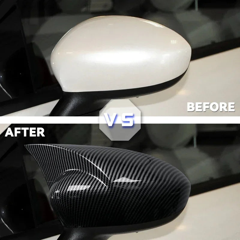 Sport Cover Caps for Punto and 500 , here it shows the before and after with the carbon look mirror in display- M-Pure Dynamics