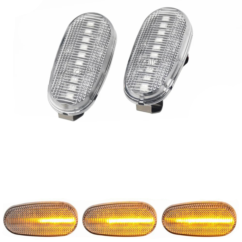Two clear vehicle side marker lights and three amber LED lights on a white background.