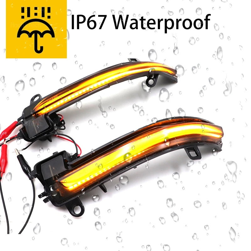 This photo shows the dynamic mirror light in action and that they are waterproof