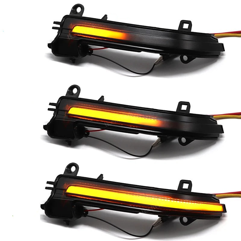 Dynamic Led Side Mirror Turn Signal Lights Indicator, the phpt shows the compatiblity and also the light in function - M-Pure Dynamics