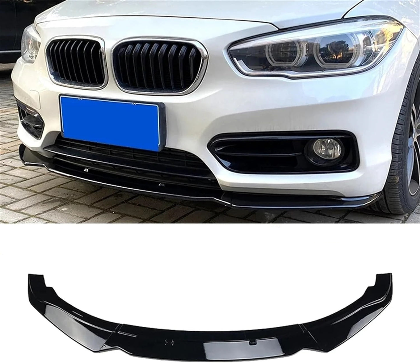 Front bumper spoiler lip canard lip splitter for BMW F20 F21 1-Series with text overlay.