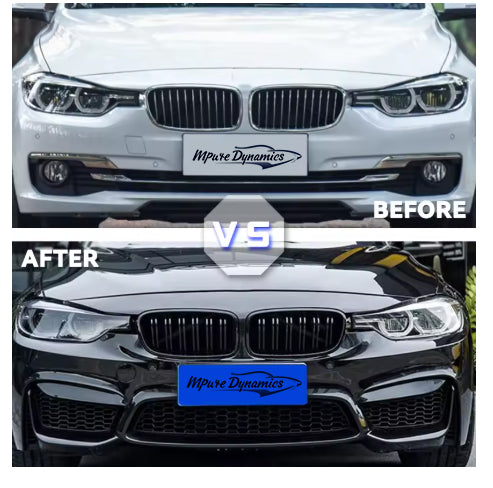 Black Front Grille BMW f30-f31-f35, here the photo shows the beofre and after with and without the front grille installed- M-Pure Dynamics