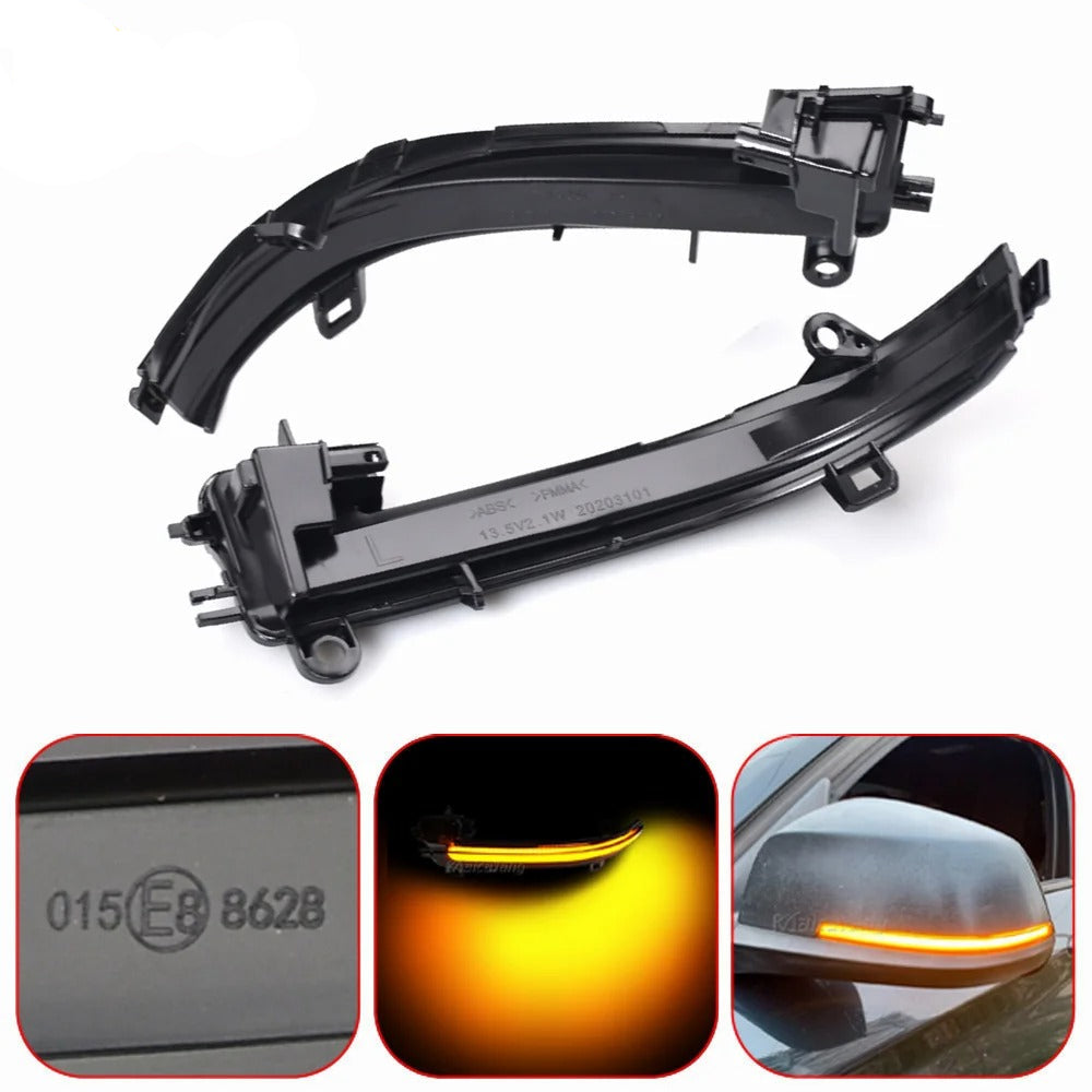 Dynamic Led Side Mirror Turn Signal Lights Indicator, the phpt shows the compatiblity and also the light in function - M-Pure Dynamics