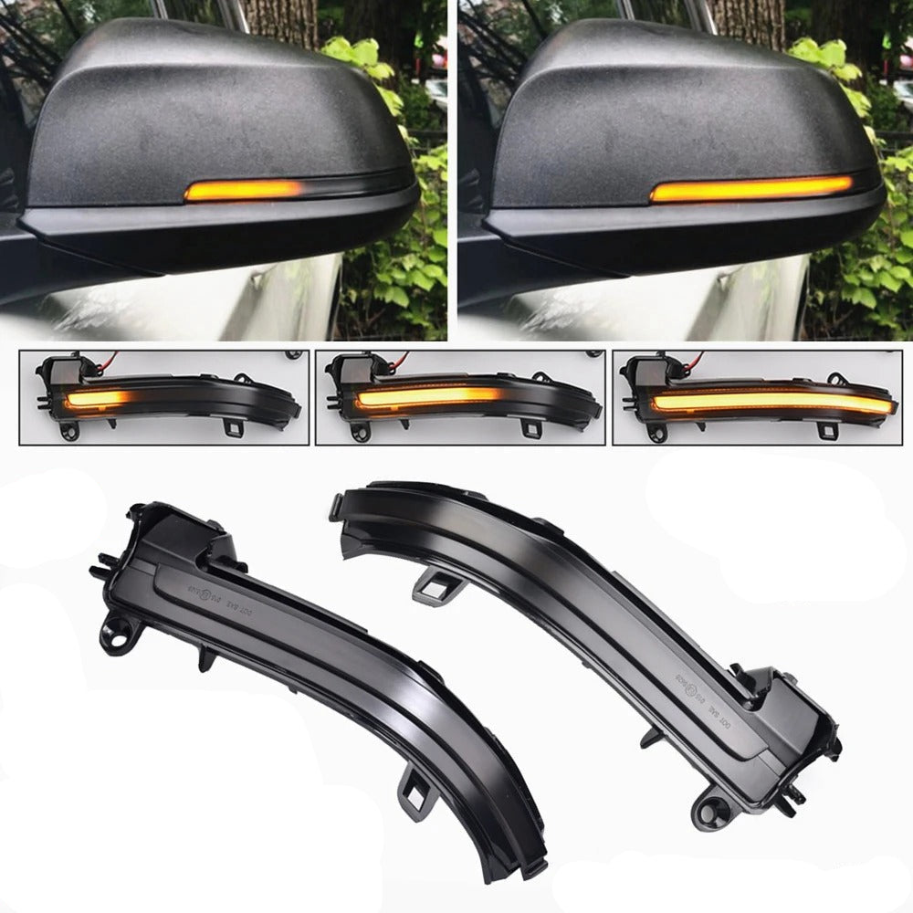 Dynamic Led Side Mirror Turn Signal Lights Indicator, the phpt shows the compatiblity and also the light in function - M-Pure Dynamics