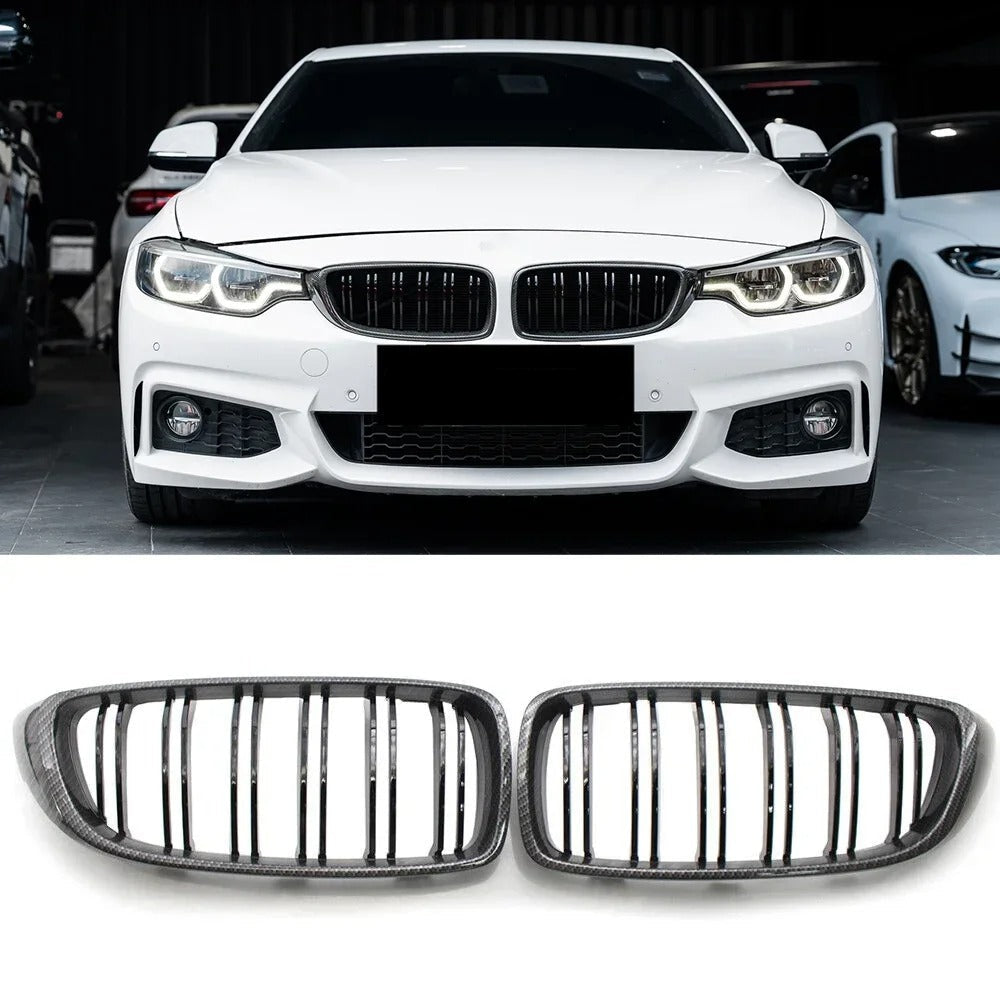 Front Grille M4 Style for BMW F32 F33 F36 F80 F82 2013-2020 Cabriolet Coupe 425i 430i 440i 435i, the photo shows the car with the front grille installed and shows closely the product itself- M-Pure Dynamics