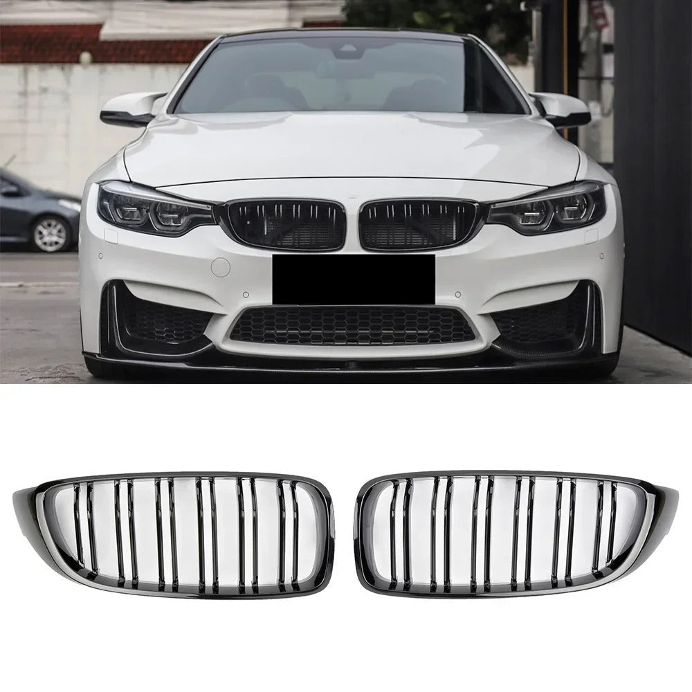 Front Grille M4 Style for BMW F32 F33 F36 F80 F82 2013-2020 Cabriolet Coupe 425i 430i 440i 435i, the photo shows the car with the front grille installed and shows closely the product itself- M-Pure Dynamics
