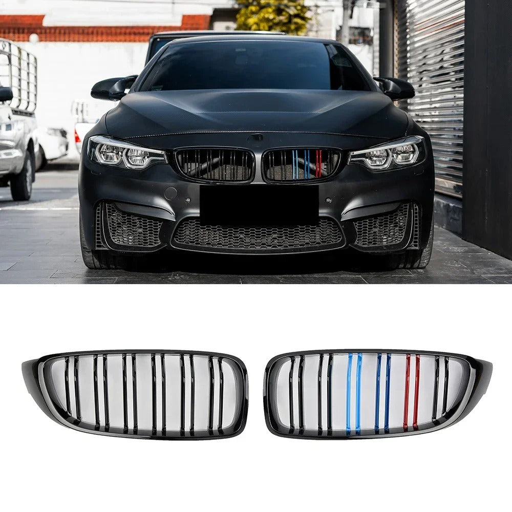 Front Grille M4 Style for BMW F32 F33 F36 F80 F82 2013-2020 Cabriolet Coupe 425i 430i 440i 435i, the photo shows the car with the front grille installed and shows closely the product itself- M-Pure Dynamics