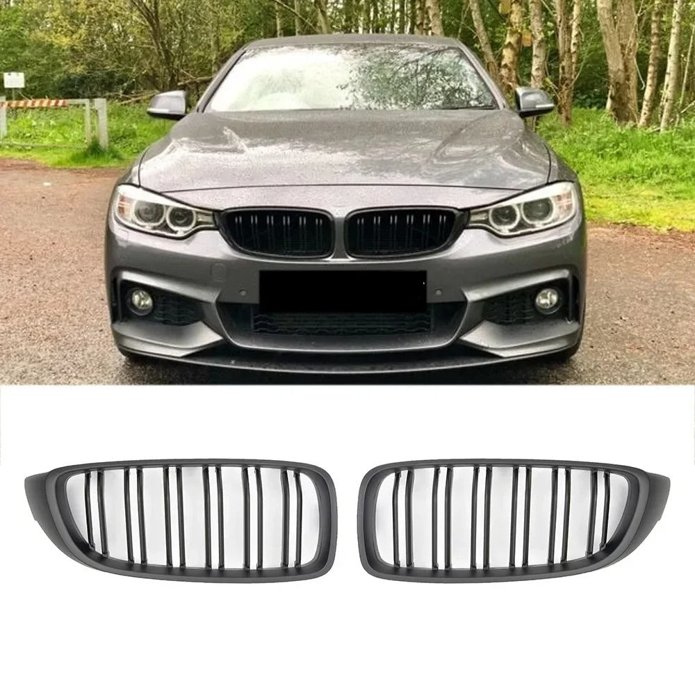 Front Grille M4 Style for BMW F32 F33 F36 F80 F82 2013-2020 Cabriolet Coupe 425i 430i 440i 435i, the photo shows the car with the front grille installed and shows closely the product itself- M-Pure Dynamics
