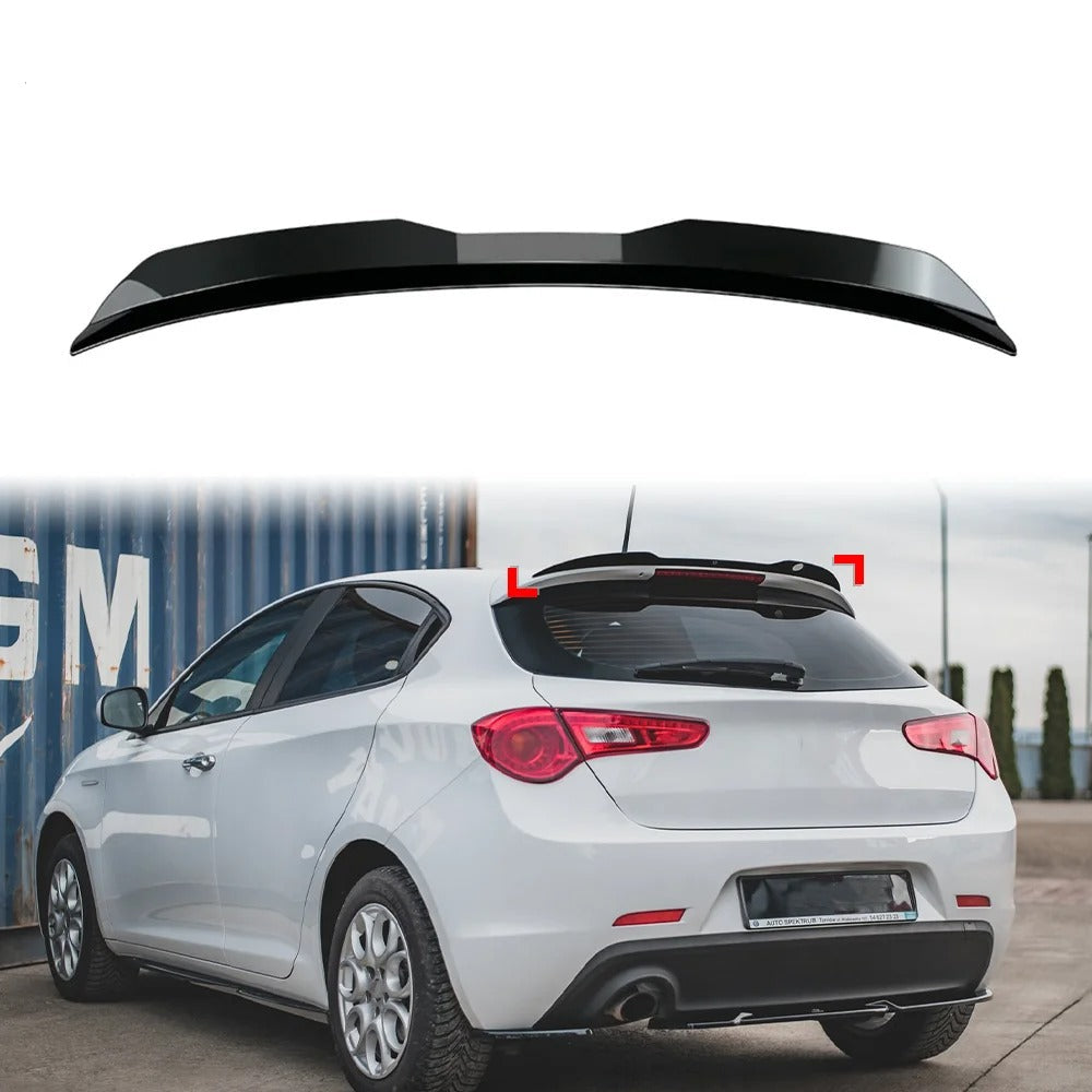 Black car spoiler on a white car with text indicating compatibility for Alfa Romeo Giulietta 2016-2020.