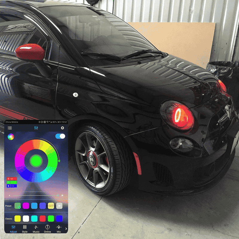 Kit Angel Eye RGB for Abarth 500, the photo shows the angel kit on the car - M-Pure Dynamics