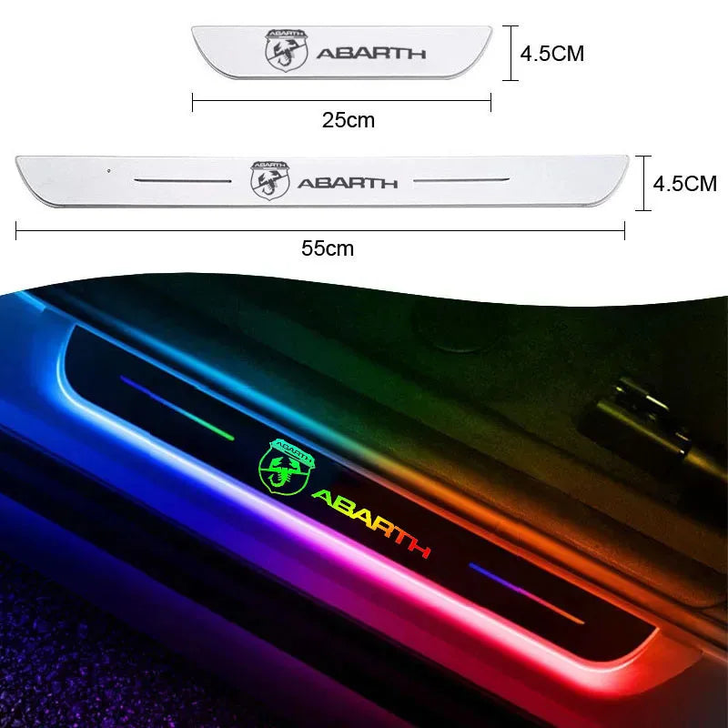 Front and Rear Door LED Sill Plat for Abarth, the photo shows the Sill Plate with the LEDs on- M-Pure Dynamics