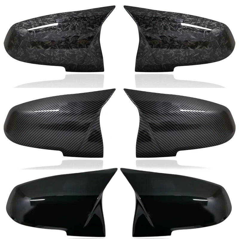 BMW M3 F80 M4 F82 F83 Carbon Fiber Mirror Cover Caps, the photo shows the carbon fiber, forged carbon and black look mirror caps - M-Pure Dynamics