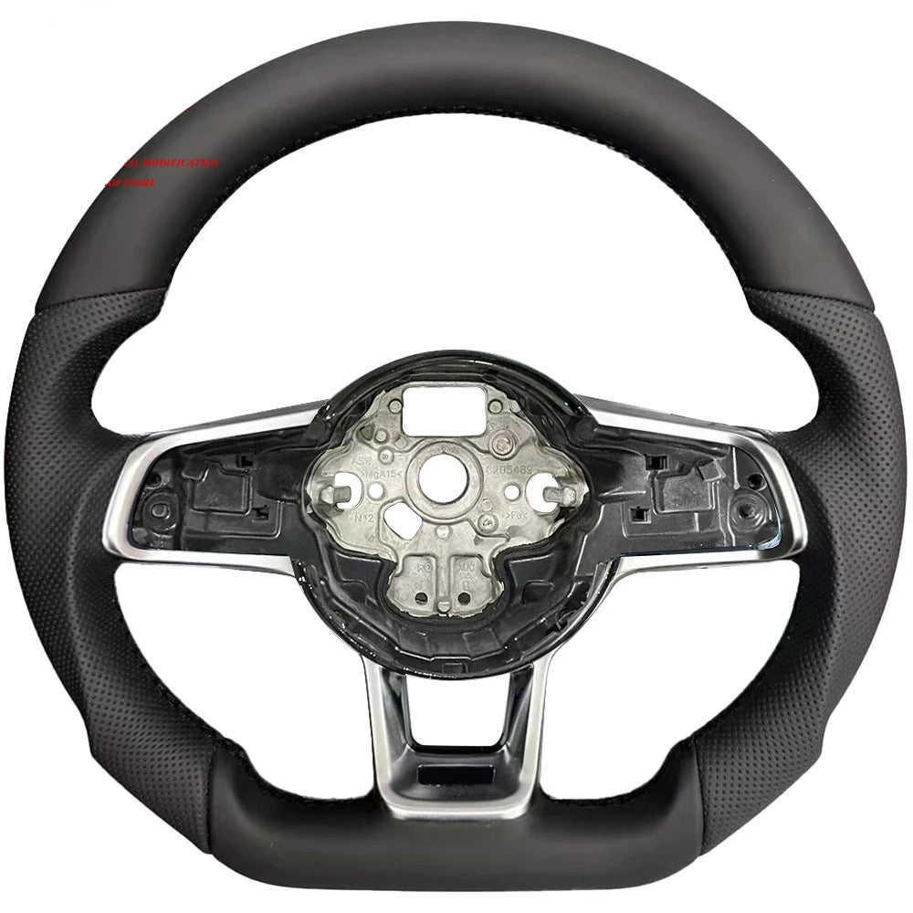 Black steering wheel with silver center on a white background