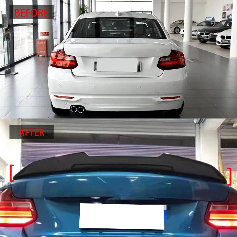 This Photo shows the spoiler mounted in the glossy black Color, on the car
