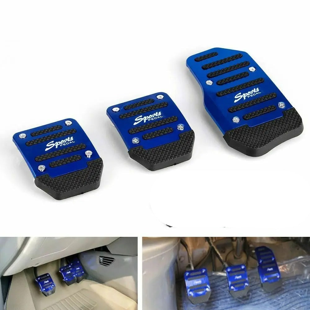 Set of blue car pedal covers with additional color options on a white background.