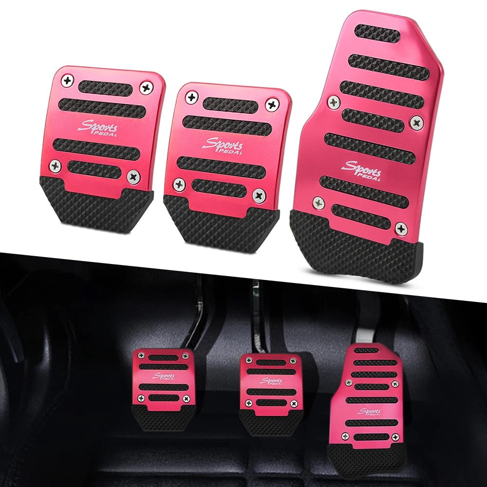 Set of pink and black sports pedal covers on a white and black background