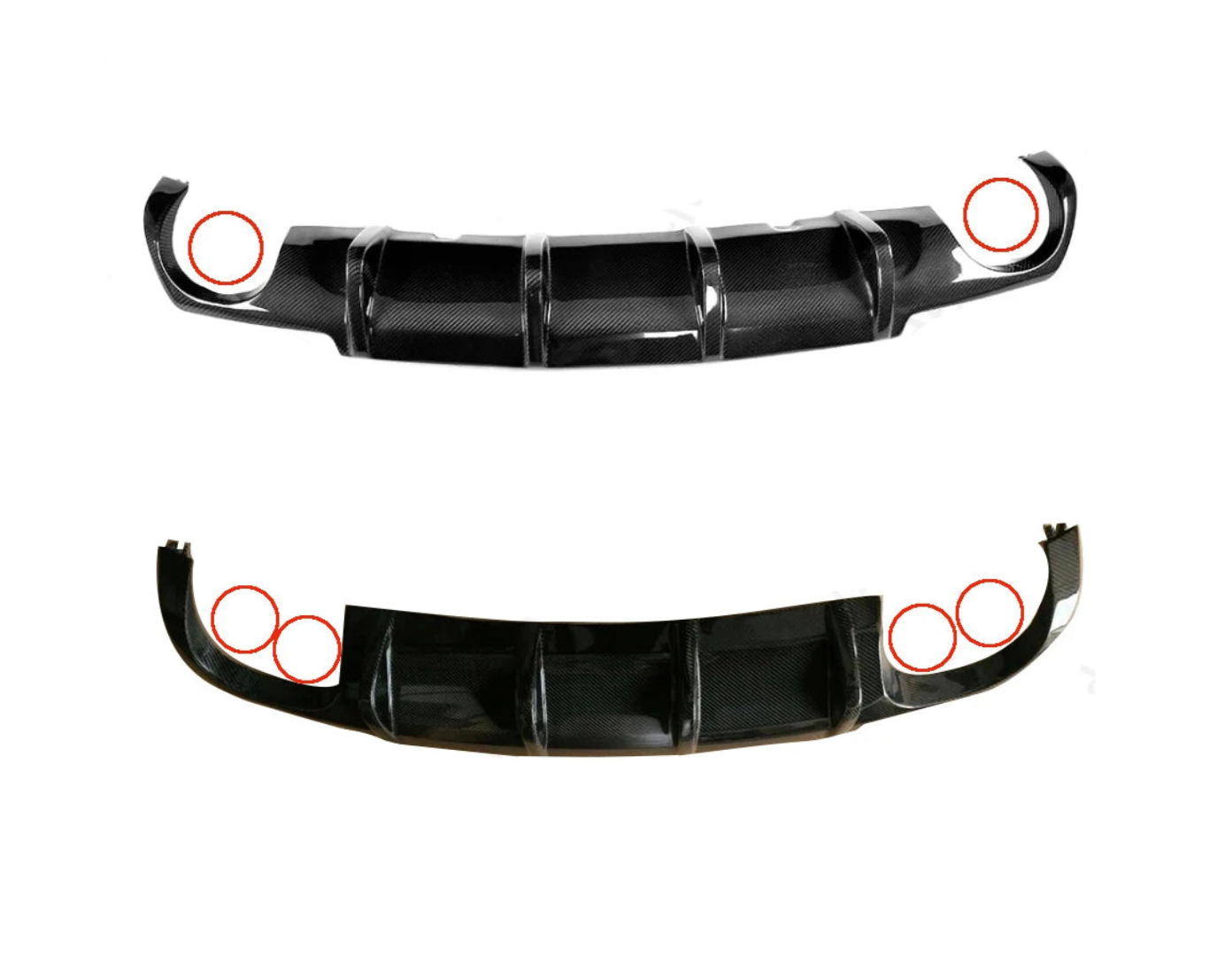 Two black car bumpers with circular cutouts on a white background