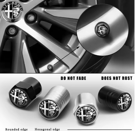 Wheel Valve cover 4 pz for Alfa Romeo Giulia Giulietta Stelvio Mito Tonale 147, the photo shows one of the variants of the valve covers mounted on the car - M-Pure Dynamics