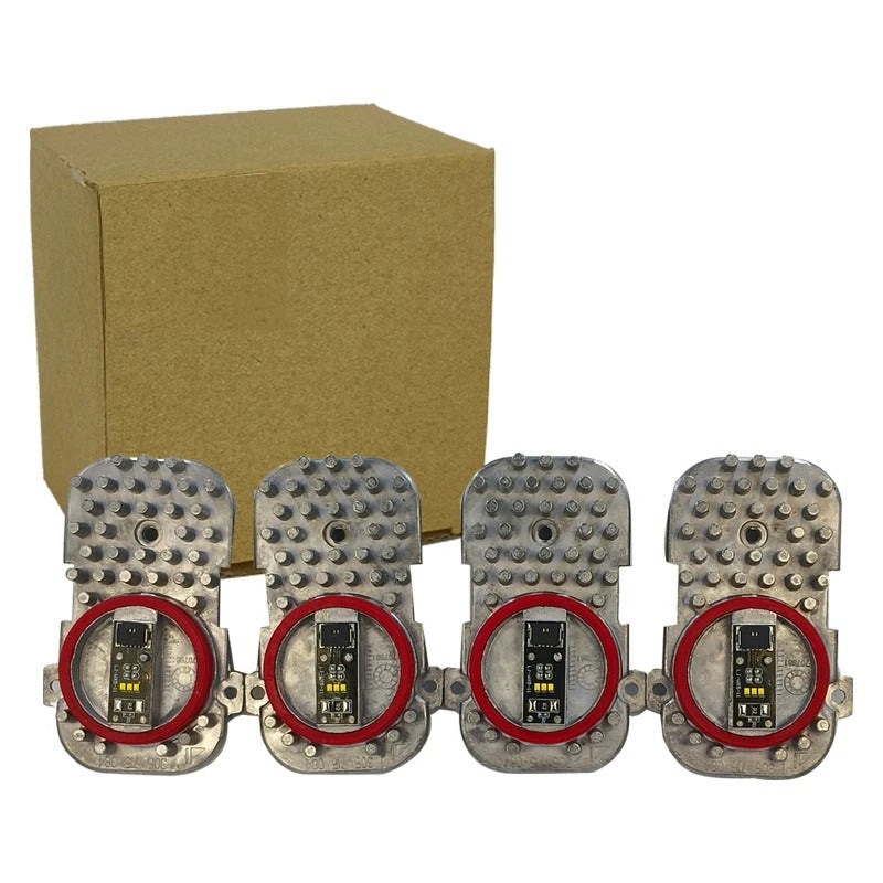 Four metallic devices with red circular components on a white background