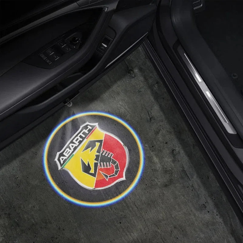 Abarth Style Door Projector for Punto and 500, here the photo shows the Abarth logo on the ground - M-Pure Dynamicsh 