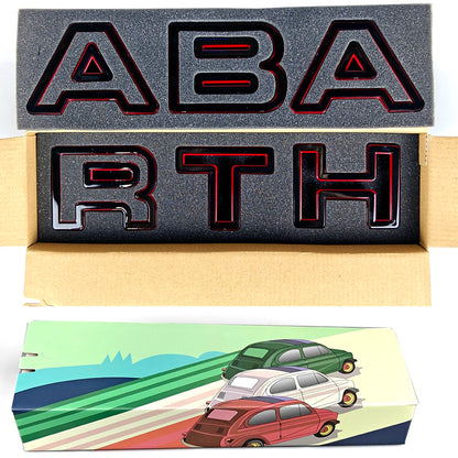 Abarth Letters for front Grillle for Abarth 500 and 595, here the photo shows the Product in the box and the packaging - M-Pure Dynamicsin