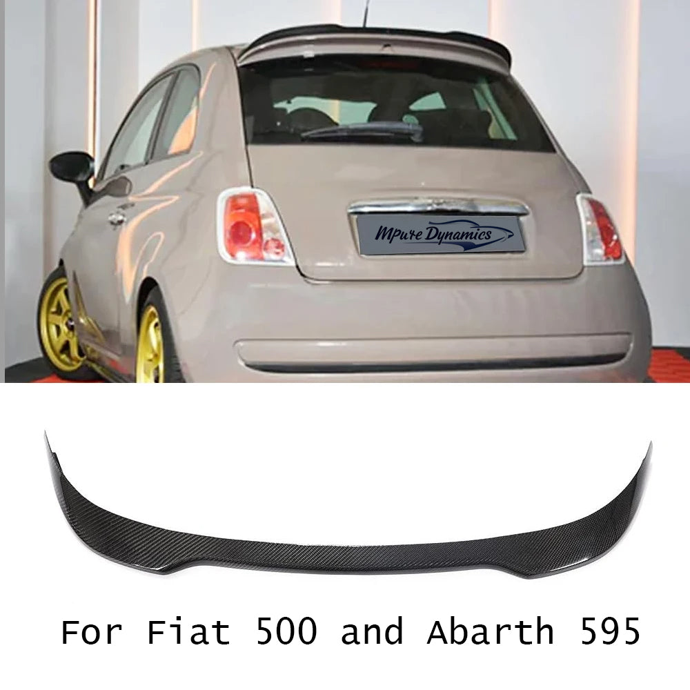 Spoiler for Abarth 500 and 595, here the photo shows the 500 with the installed Spoiler and also the look of the carbon fiber spoiler on the back - M-Pure Dynamics