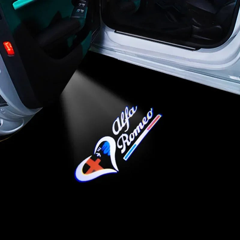 2 pz LED door projector for Alfa Romeo Giulietta , the photo shows one of the styles of the door projectors - M-Pure Dynamics