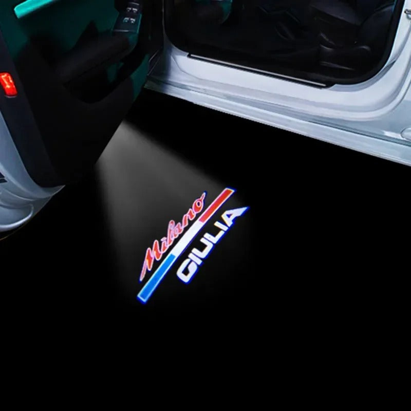 2 pz LED door projector for Alfa Romeo Giulietta, the photo shows one of the styles of the door projectors - M-Pure Dynamics