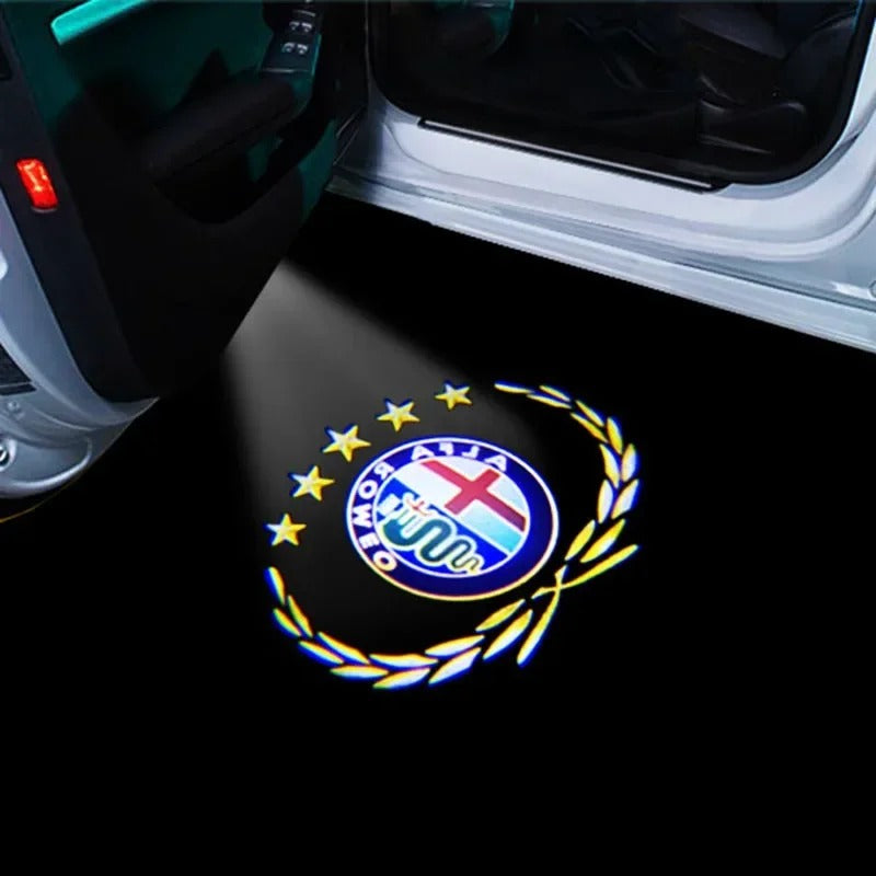 2 pz LED door projector for Alfa Romeo Giulietta, the photo shows one of the styles of the door projectors - M-Pure Dynamics