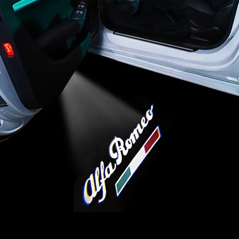 2 pz LED door projector for Alfa Romeo Giulietta, the photo shows one of the styles of the door projectors - M-Pure Dynamics
