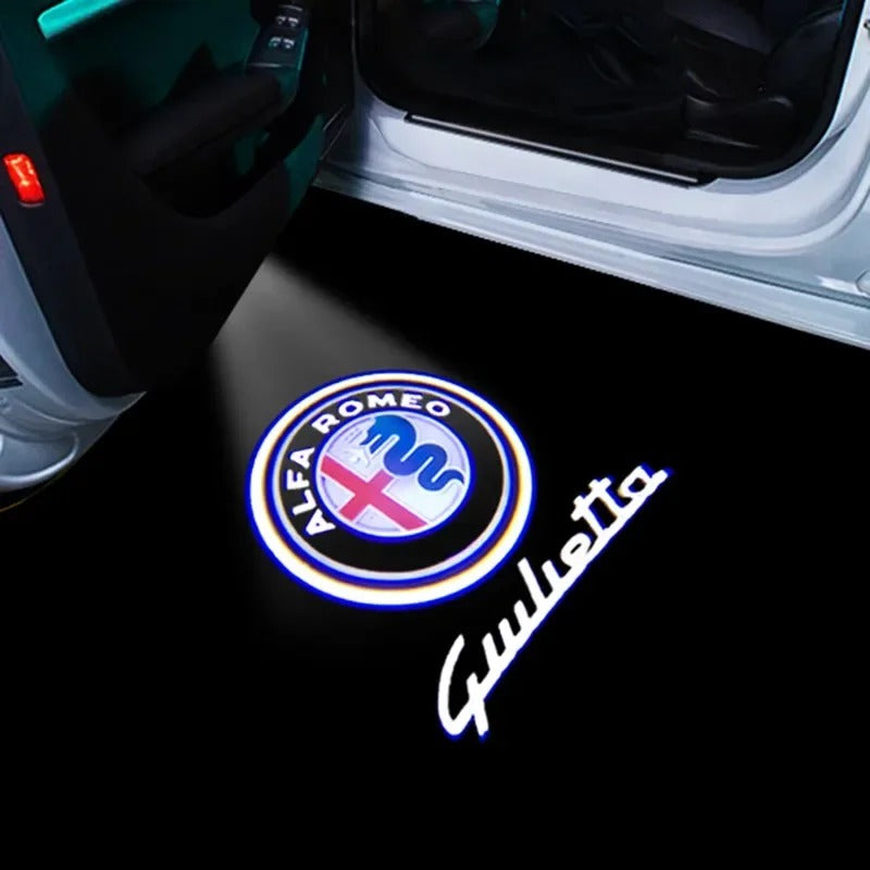 2 pz LED door projector for Alfa Romeo Giulietta, the photo shows one of the styles of the door projectors - M-Pure Dynamics